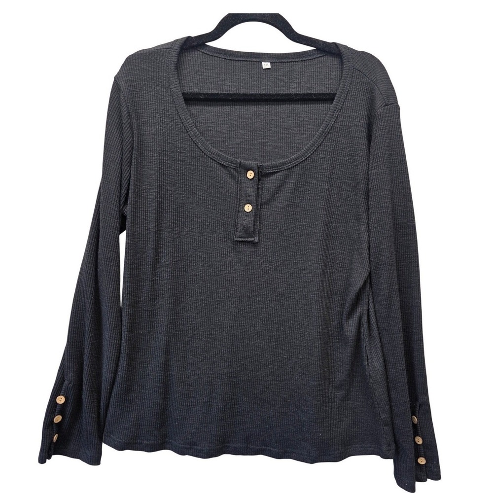 Womens Black Waffle Knit Henley Long Sleeve‎ Top Button Cuff Scoop Neck XL